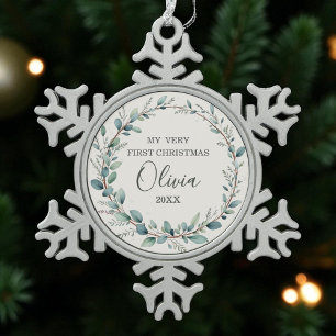 Eucalyptus Baby First Christmas Minimalistisch Mod Schneeflocken Zinn-Ornament