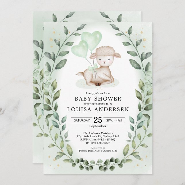 Eucalyptus Baby Schafe Little Lamm Neutrale Dusche Einladung (Vorne/Hinten)