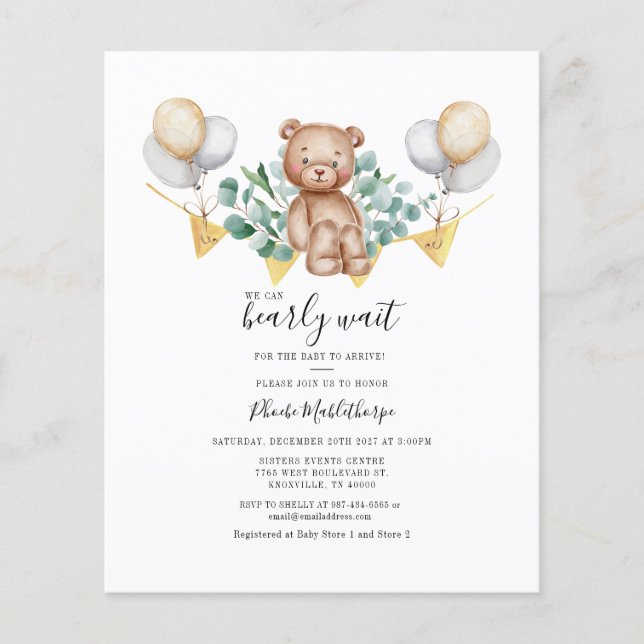 Eucalyptus Baby Shower Greenerary Bear Einladung Flyer (Vorne)