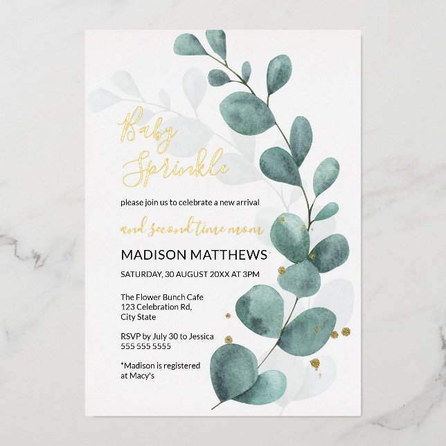 Eucalyptus Baby Sprinkle Greenery & Gold Foil Inv Folieneinladung (Vorderseite)
