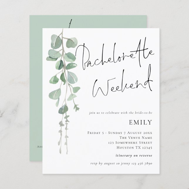 Eucalyptus Bachelorette Wochenende Einladung (Vorne/Hinten)
