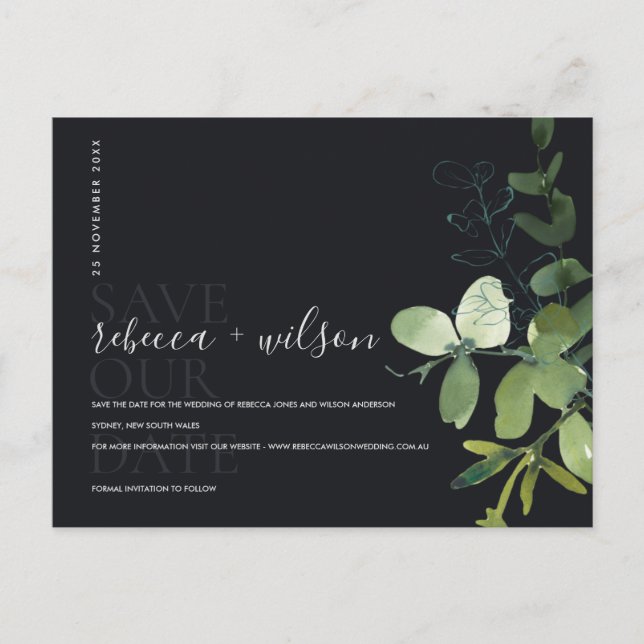 EUCALYPTUS BLACK FOLIAGE WATERCOLOR SAVE THE DATE ANKÜNDIGUNGSPOSTKARTE (Vorderseite)