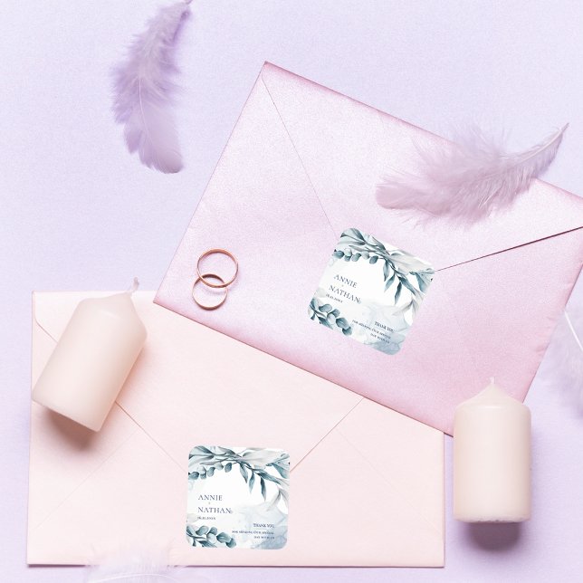Eucalyptus Blätter Dusty Blue Wedding Vielen Dank Quadratischer Aufkleber (Eucalyptus Leaves Dusty Blue Wedding Thank You Square Sticker)