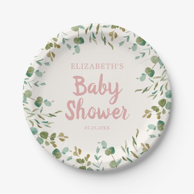 Eucalyptus Blätter Girl Baby Shower Pappteller (Vorderseite)