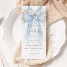 Eucalyptus Blue Bow Elegant Baptism Menükarte