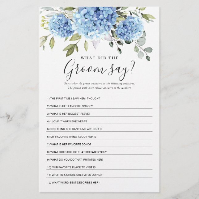 Eucalyptus Blue Hydrangea Brautparty Game (Vorderseite)