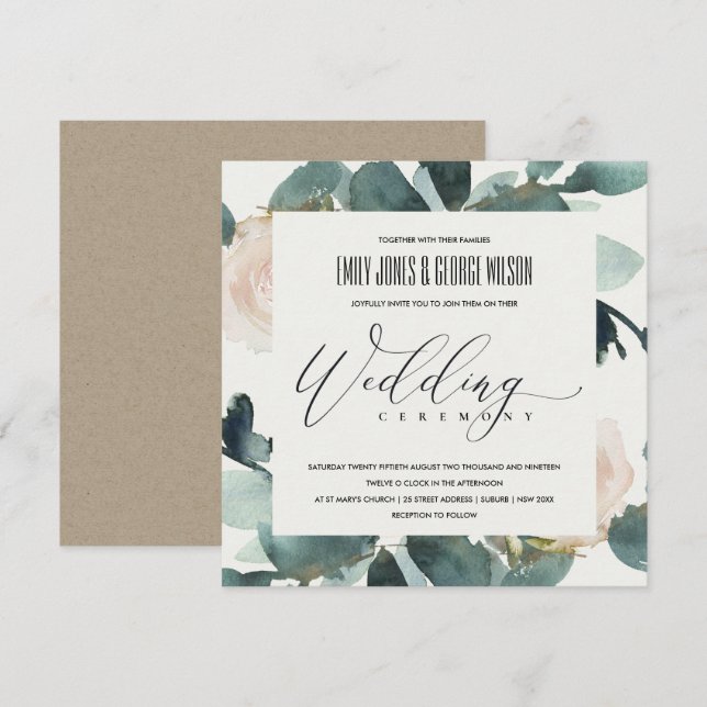 EUCALYPTUS BLUSH ROSE FOLIAGE WATERCOLOR WEDD EINLADUNG (Vorne/Hinten)