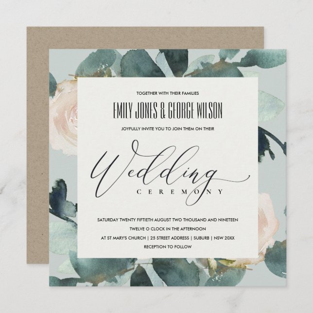 EUCALYPTUS BLUSH ROSE GRAY KRAFT FOLIAGE WEDD EINLADUNG (Vorne/Hinten)