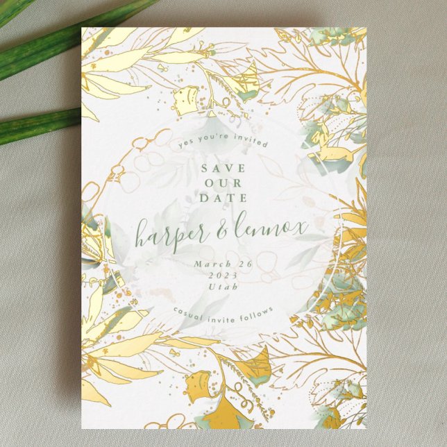 Eucalyptus Boho Moderne Pampas Gold Save the Date Folieneinladung (Von Creator hochgeladen)