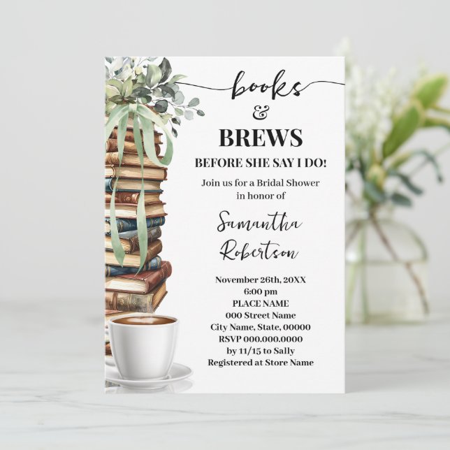 Eucalyptus Books & Brews Coffee Bridal Shower Einladung (Stehend Vorderseite)