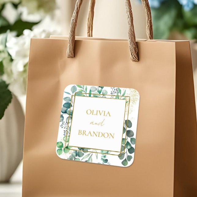 Eucalyptus Botanical Greenery Leaves Wedding Quadratischer Aufkleber (Von Creator hochgeladen)