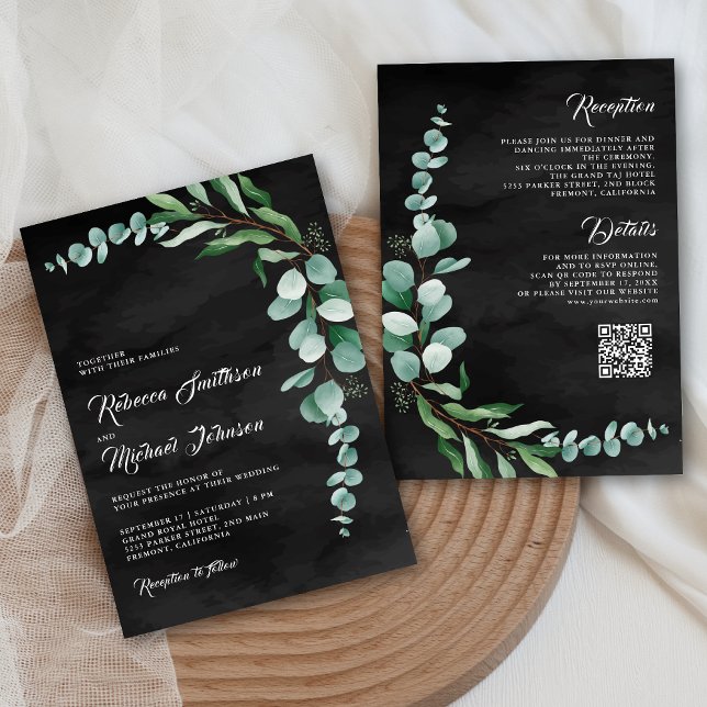 Eucalyptus Branch Charcoal Black QR Code Wedding Einladung (Von Creator hochgeladen)