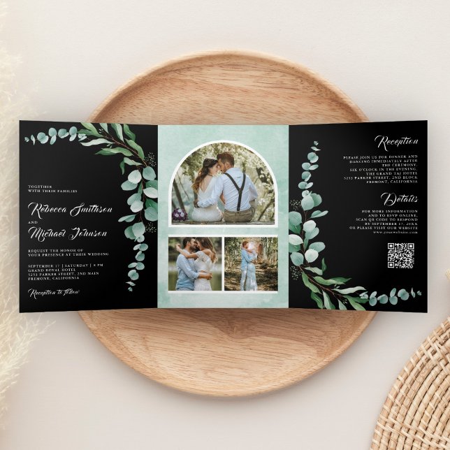Eucalyptus Branch Photo QR Code Black Wedding Dreifach Gefaltete Einladung (Von Creator hochgeladen)