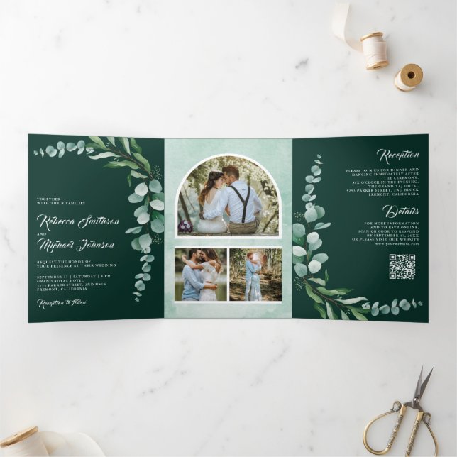 Eucalyptus Branch Photo QR Code Emerald Wedding Dreifach Gefaltete Einladung (Innenseite)