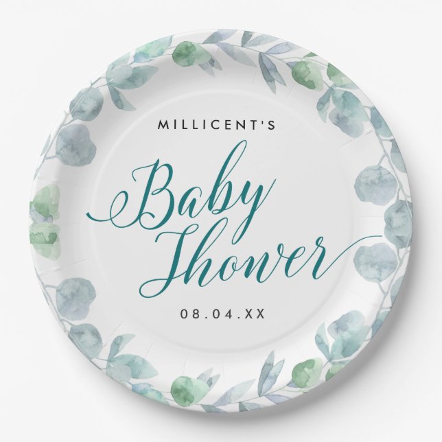 Eucalyptus Calligraphic Baby Shower Pappteller (Vorderseite)