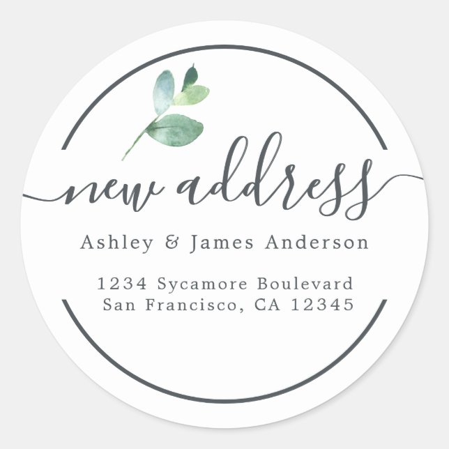 Eucalyptus Calligraphy New Address Label Runder Aufkleber (Vorderseite)