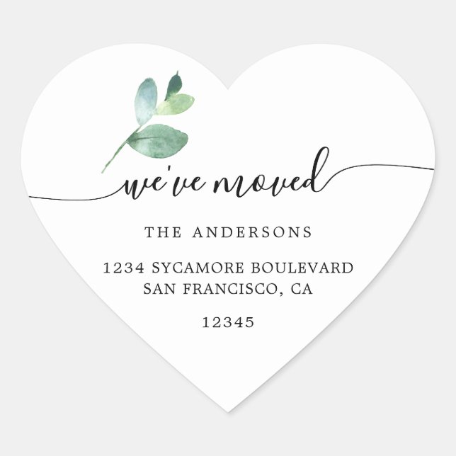 Eucalyptus Calligraphy We’ve Moved New Address Herz-Aufkleber (Vorderseite)
