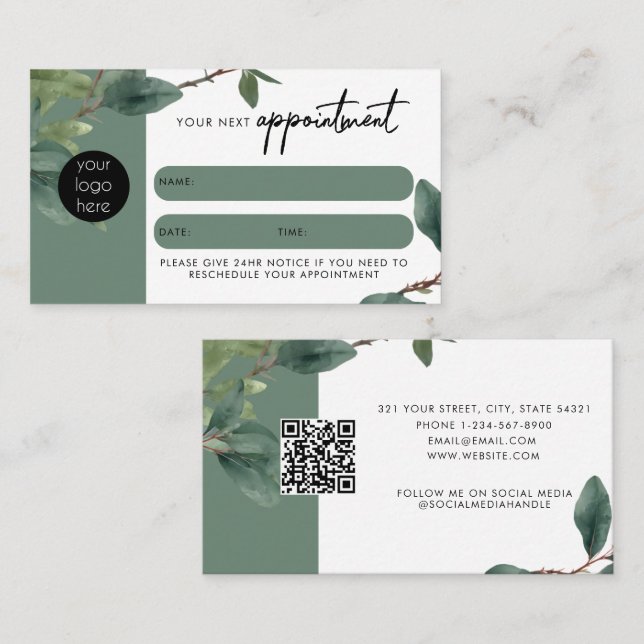 Eucalyptus Client Appointment Card QR Code Logo Visitenkarte (Vorne/Hinten)