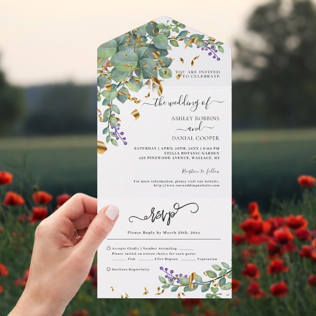Eucalyptus Confetti Greenery Wedding All In One Einladung (Von Creator hochgeladen)