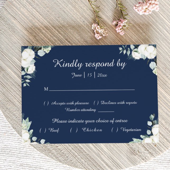 Eucalyptus Cotton | Navy Modern Wedding RSVP Card (Von Creator hochgeladen)