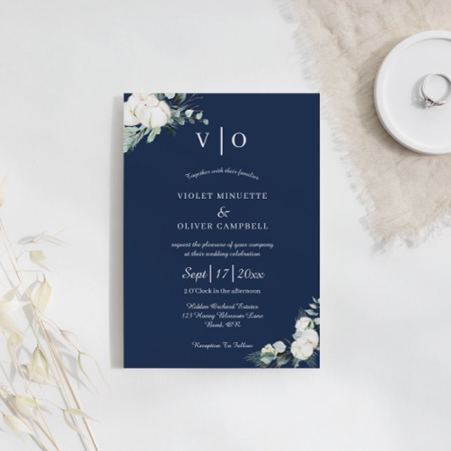 Eucalyptus Cotton | Navy Moderne Monogram Wedding Einladung (Von Creator hochgeladen)