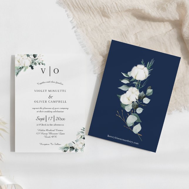 Eucalyptus Cotton | White Modern Monogram Wedding Einladung (Von Creator hochgeladen)