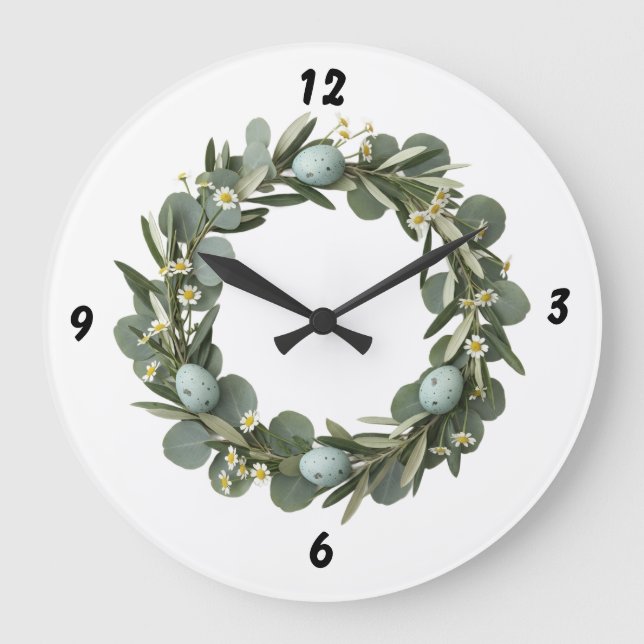 Eucalyptus & Daisy Spring Wreath Wall Clock Große Wanduhr (Vorderseite)