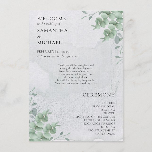 Eucalyptus floral minimal modern program wedding menükarte (Vorderseite)