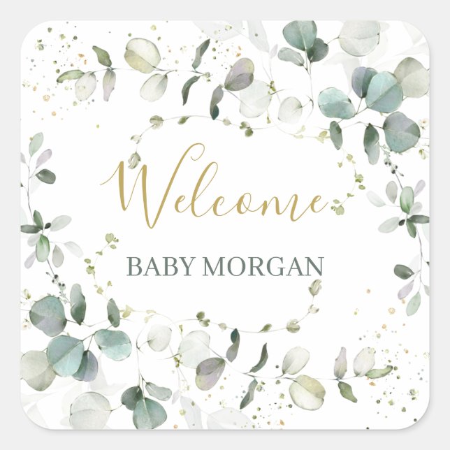 Eucalyptus Foliage Baby Shower Quadratischer Aufkleber (Vorderseite)