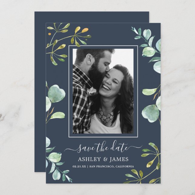 Eucalyptus Foliage Blue Botanic Save the Date Einladung (Vorne/Hinten)