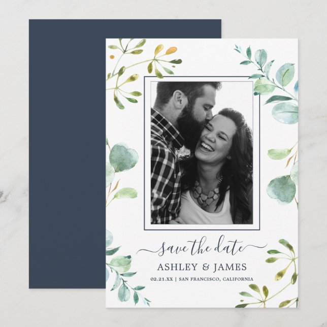 Eucalyptus Foliage Blue Botanic Save the Date Einladung (Vorne/Hinten)