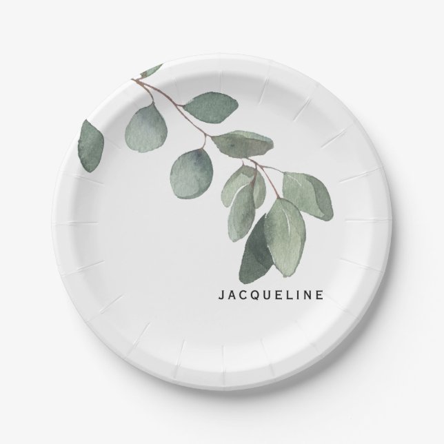 Eucalyptus Foliage Individuelle Name Modern Pappteller (Vorderseite)