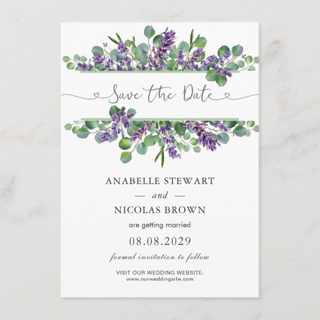 Eucalyptus Foliage Lavender Blume Save the Date Begleitkarte (Vorderseite)