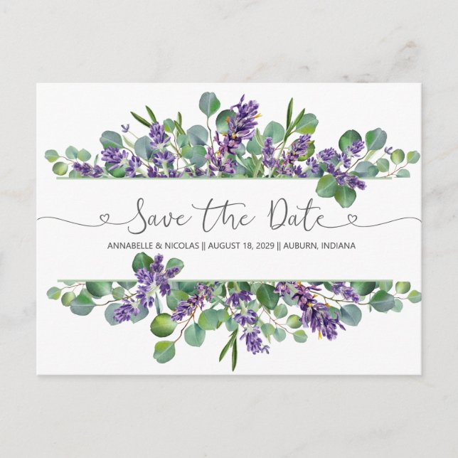 Eucalyptus Foliage Lavender Blume Save the Date Postkarte (Vorderseite)