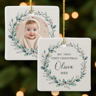 Eucalyptus Foto Baby First Christmas Minimalistisc Keramikornament