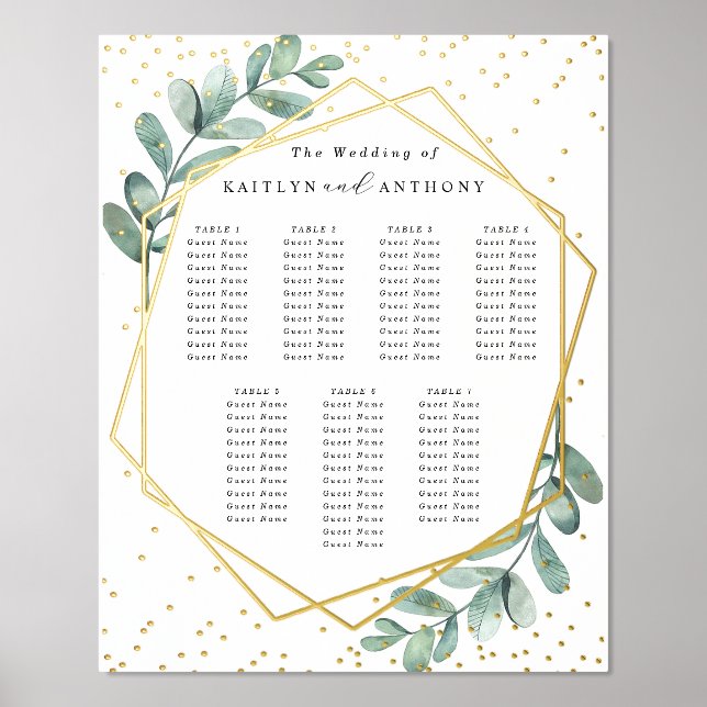 Eucalyptus Geometric Wedding Seating Chart Real Foliendrucke (Vorderseite)