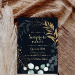 Eucalyptus Gold Calligraphy Blue Surprise Party  Einladung<br><div class="desc">This eucalyptus gold calligraphy blue surprise party invitation is perfect for a simple birthday,  retirement or any surprise party. This artistic design features hand-drawn gold floral and watercolor eucalyptus green foliage in a dark blue background,  beautifully arranged in an elegant geometric frame.</div>