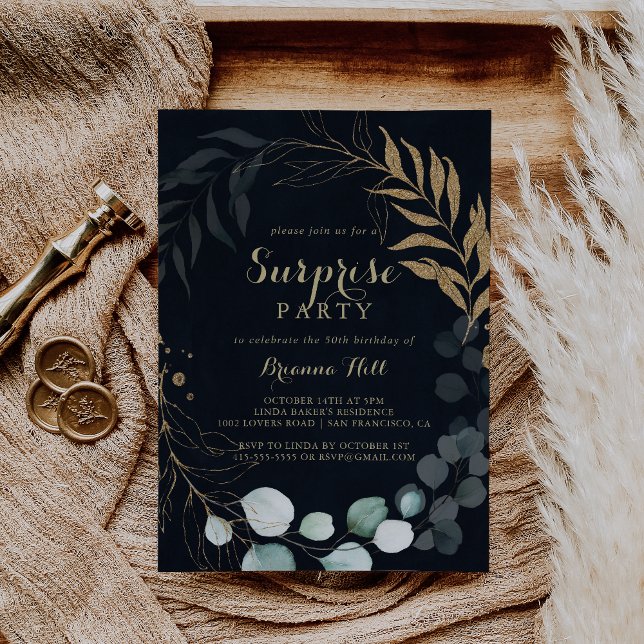 Eucalyptus Gold Calligraphy Blue Surprise Party  Einladung (Von Creator hochgeladen)
