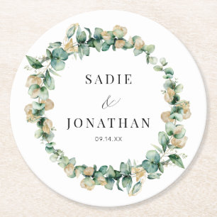 Eucalyptus Gold Elegante Wreath Wedding Runder Pappuntersetzer