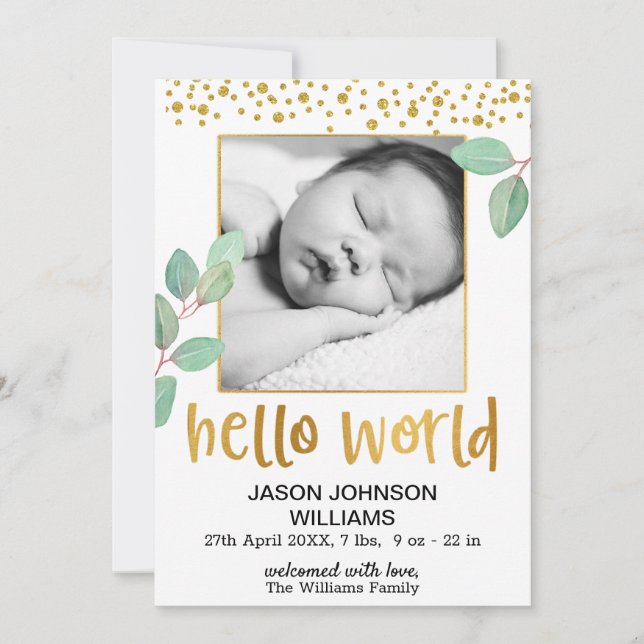 Eucalyptus Gold Foil Frame Hello World Baby Birth Ankündigung (Vorderseite)