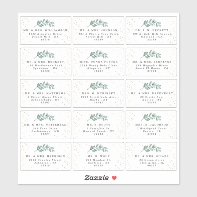 Eucalyptus Gold Foil Wedding Guest Address Labels (Blatt)