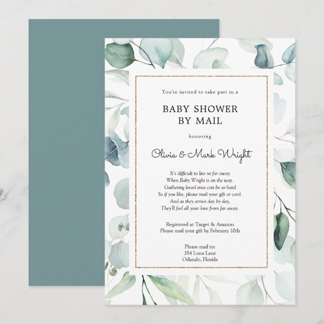 Eucalyptus Gold FrameBaby Dusche per Mail Einladung (Vorne/Hinten)