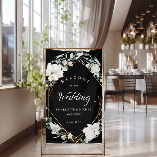 Eucalyptus Gold Geometric Wedding Banner (White Flowers Eucalyptus Gold Geometric Wedding Banner with your name & Date.)