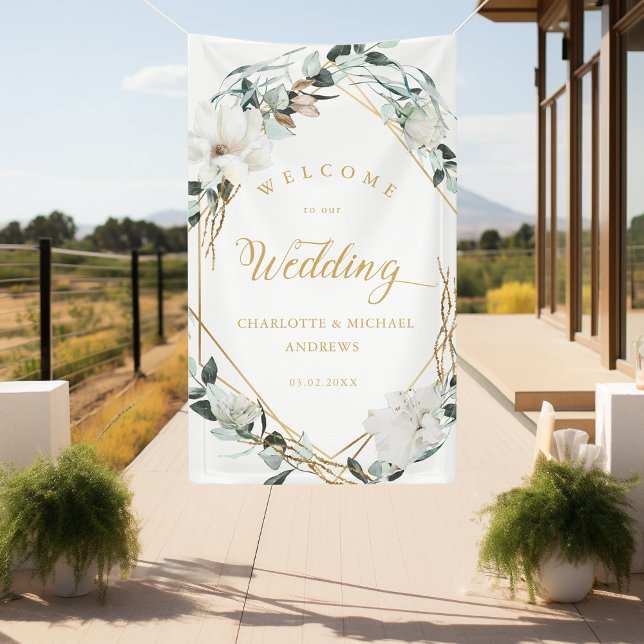 Eucalyptus Gold Geometric Wedding Banner (White Flowers Eucalyptus Gold Geometric Wedding Banner with your name & Date.)