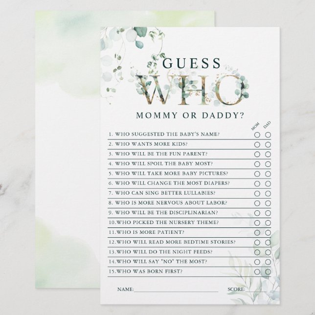 Eucalyptus Gold Letter Mama oder Vater Baby Showsp (Vorne/Hinten)