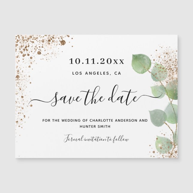 Eucalyptus gold wedding save the date magnet (Vorderseite)
