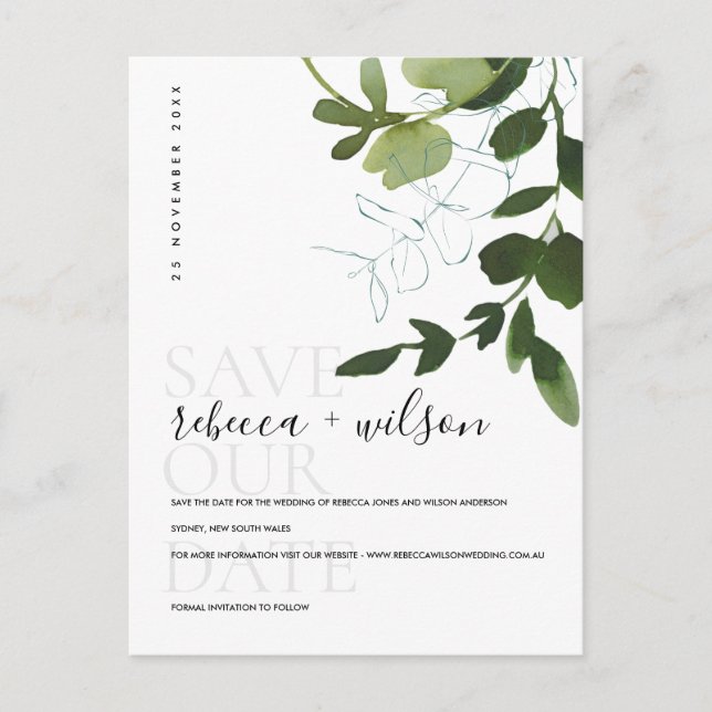 EUCALYPTUS GREEN FOLIAGE WATERCOLOR SAVE THE DATE ANKÜNDIGUNGSPOSTKARTE (Vorderseite)