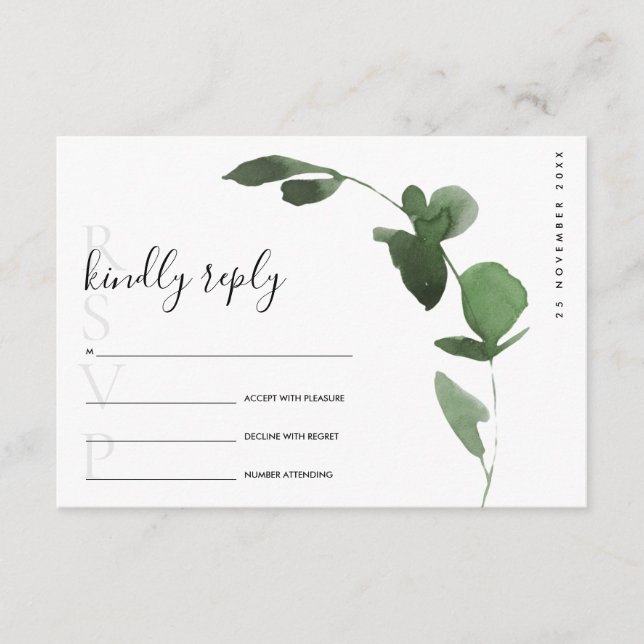 EUCALYPTUS GREEN FOLIAGE WATERCOLOR WEDD RSVP BEGLEITKARTE (Vorderseite)