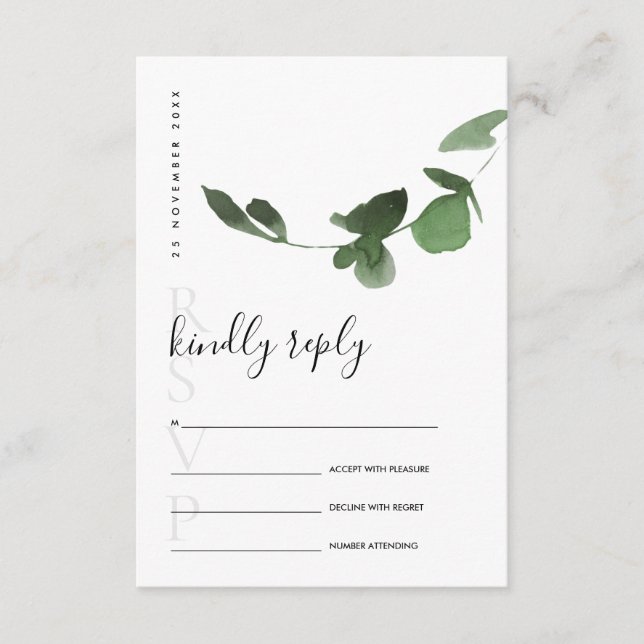 EUCALYPTUS GREEN FOLIAGE WATERCOLOR WEDD RSVP BEGLEITKARTE (Vorderseite)