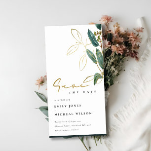 EUCALYPTUS GREEN GOLD FOLIAGE SAVE THE DATE EINLAD DANKESKARTE